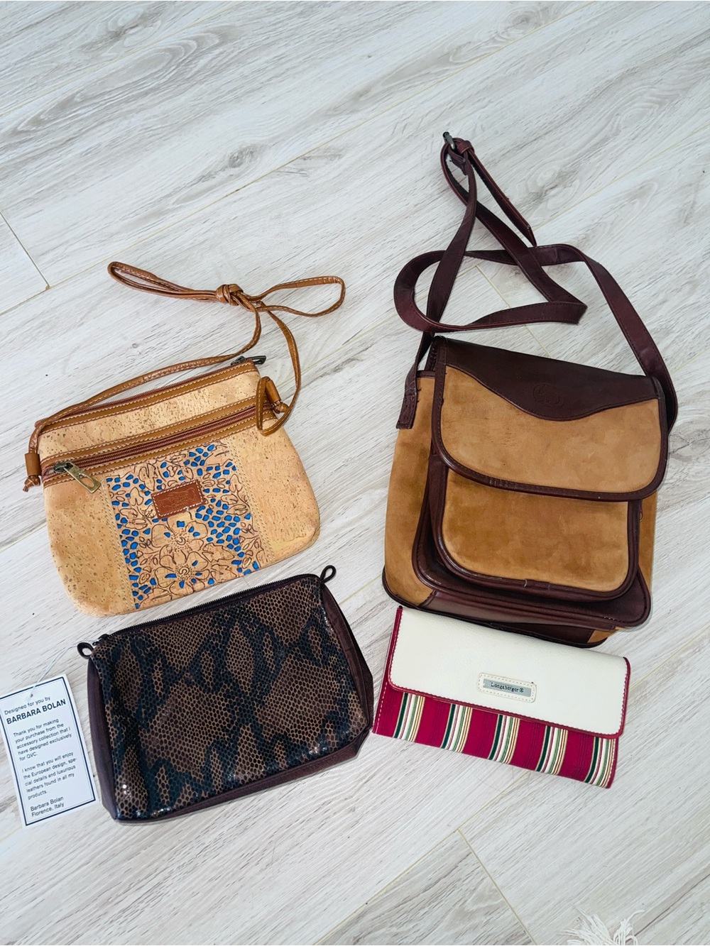 Lot of 4 Womens Handbags Wallets NWT Barbara Bolan/ Cork Crossbody Longaberger⁠